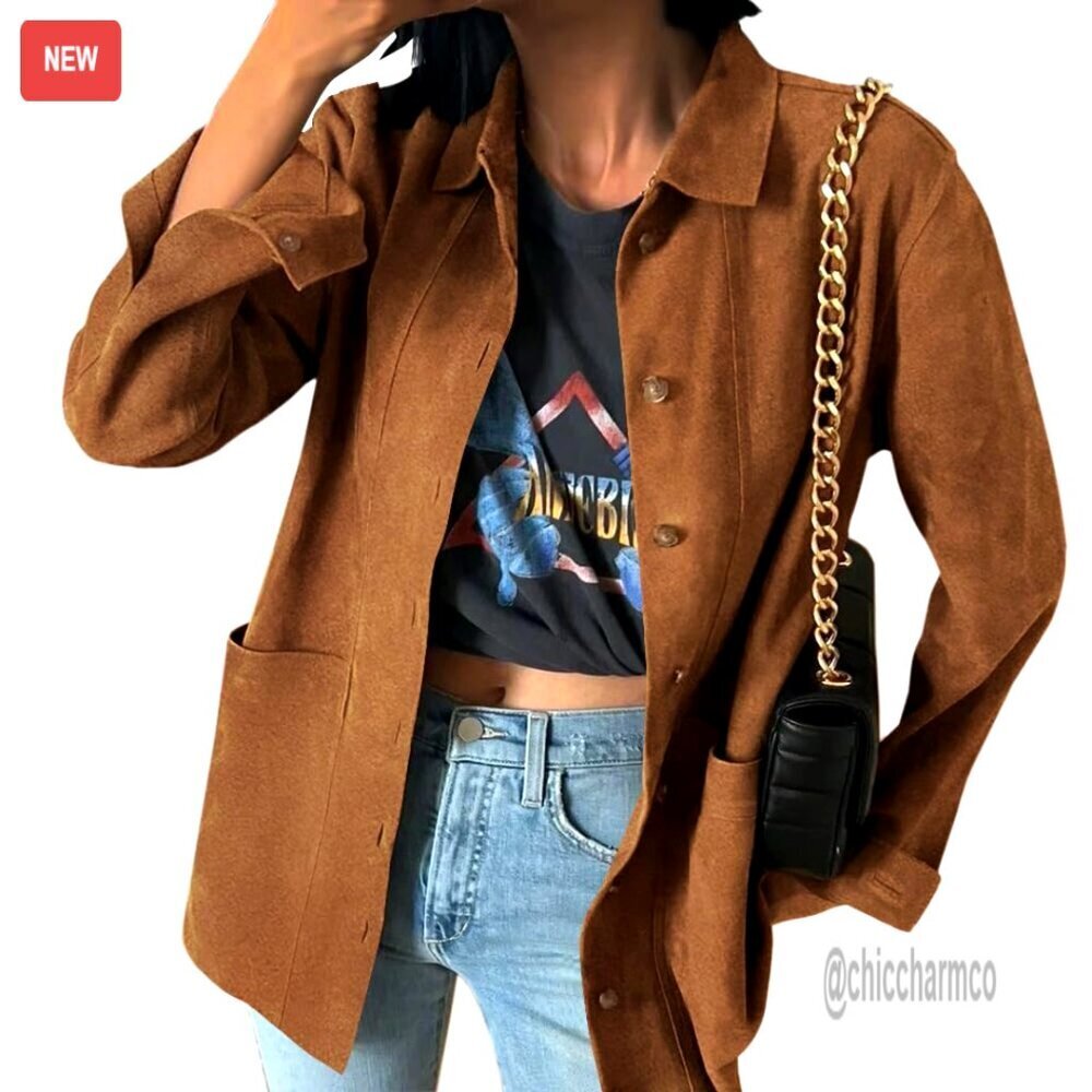 Faux Suede Shacket Jacket Button Down Long Sleeve Casual